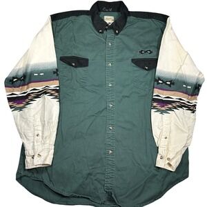 Vintage Western Shirt XL Green Aztec Colorblock Southwestern Mens Express Rider